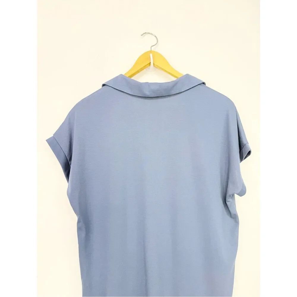 Vivilli Slate Blue Collared V Neck Short Sleeve Pullover Casual Top NEW - Picture 7 of 9